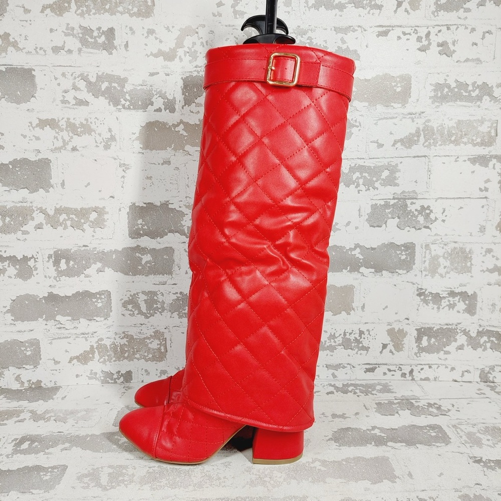 NEW Wild Diva Quilted Red Heeled Knee High Boots i703
